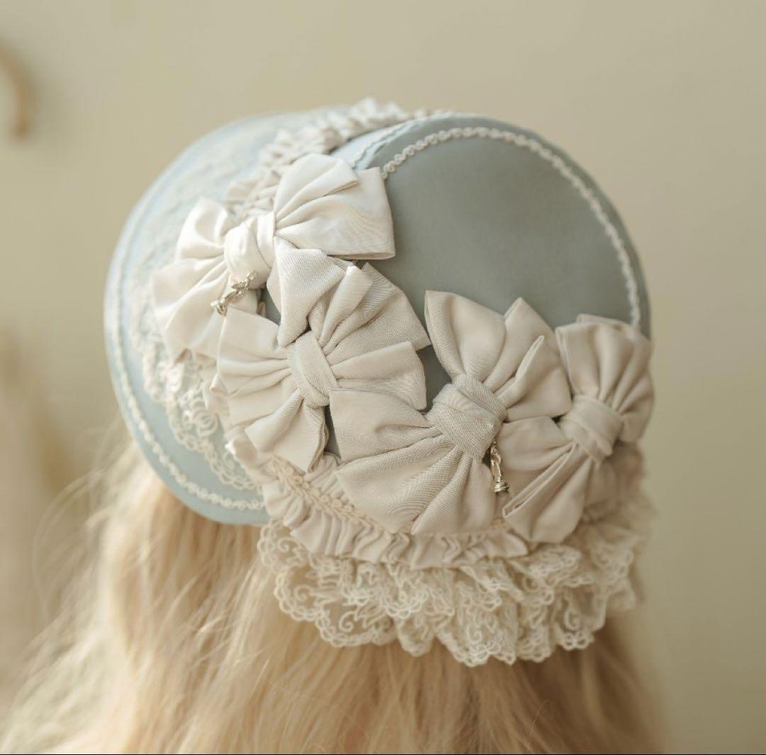 み*と様 星箱works リボンタルト帽子型ボンネット　サックス　レース