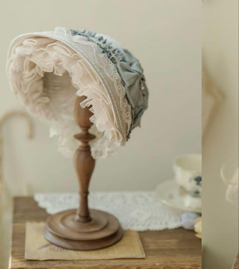 み*と様 星箱works リボンタルト帽子型ボンネット　サックス　レース