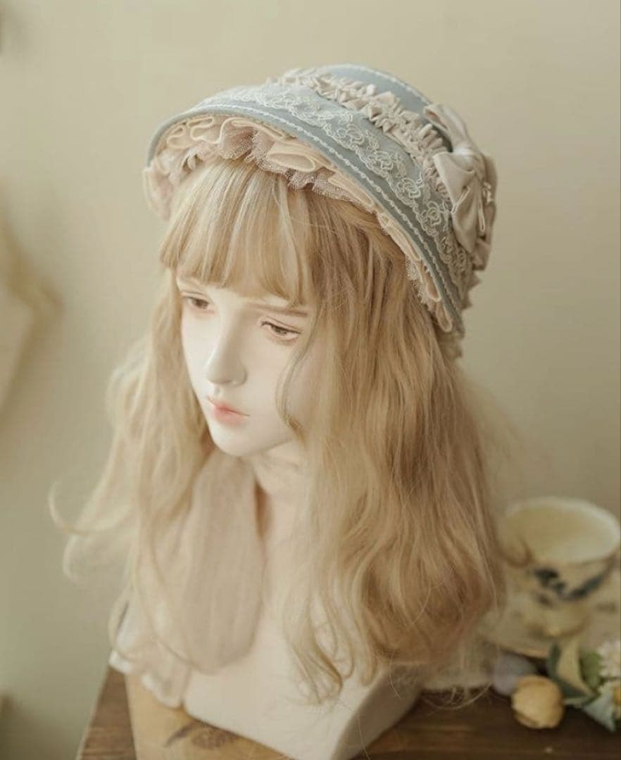 み*と様 星箱works リボンタルト帽子型ボンネット　サックス　レース