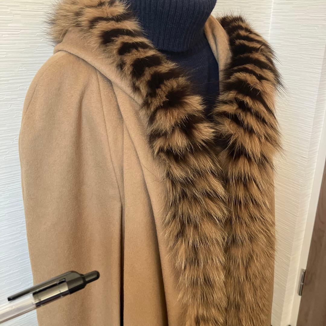 266　ロングマント　カシミヤ100％　フォックス　毛皮　ポンチョコート　ケープ