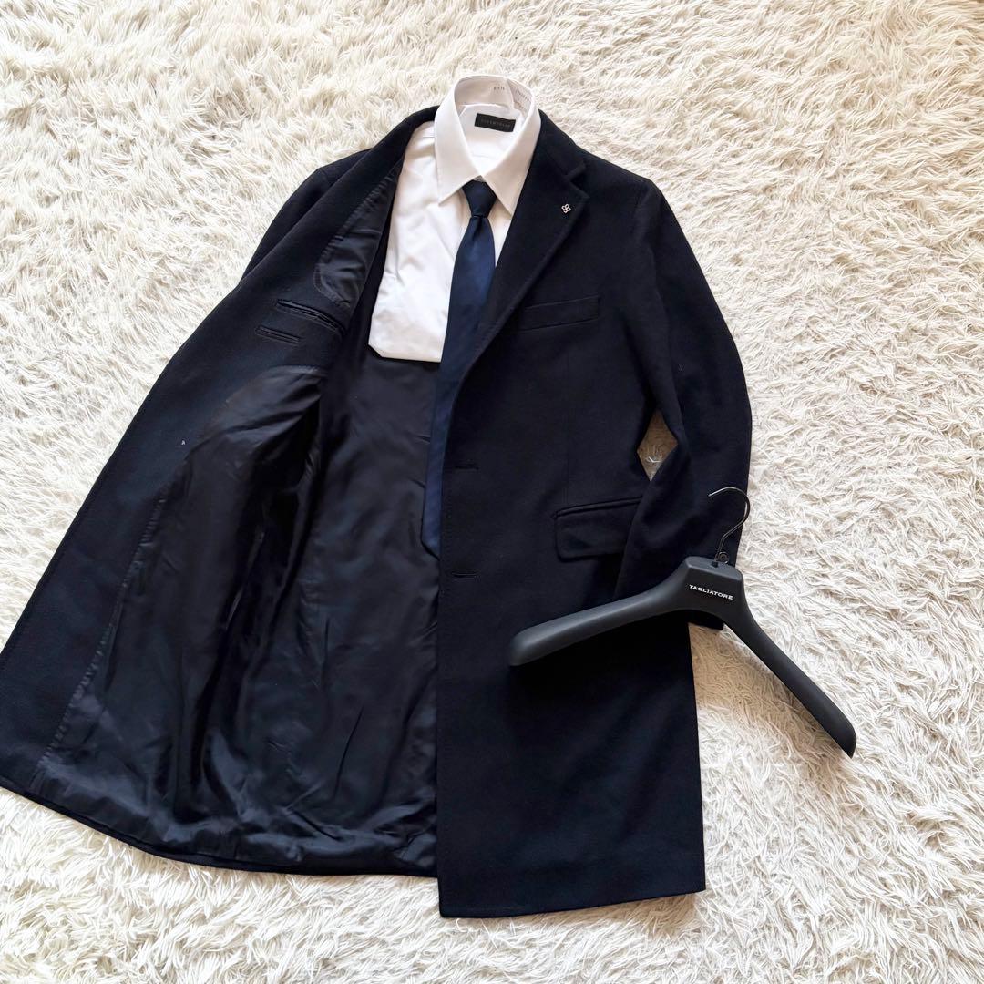 <美品>TAGLIATORE 新ロゴ ネイビー ウール チェスターコート 48
