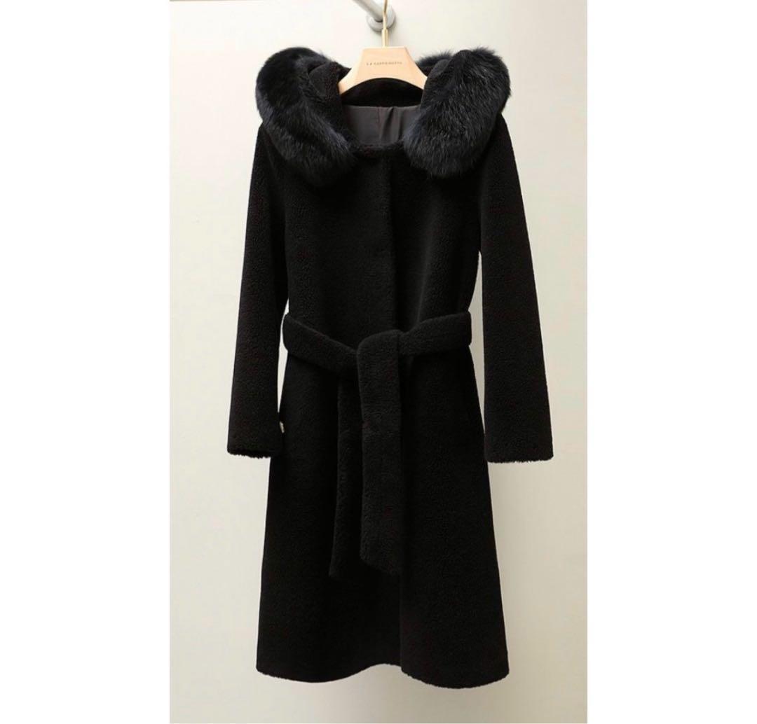 値下げ中　最高級フォックスファー襟付き羊毛ロングコート帽子付 黒毛皮ファー
