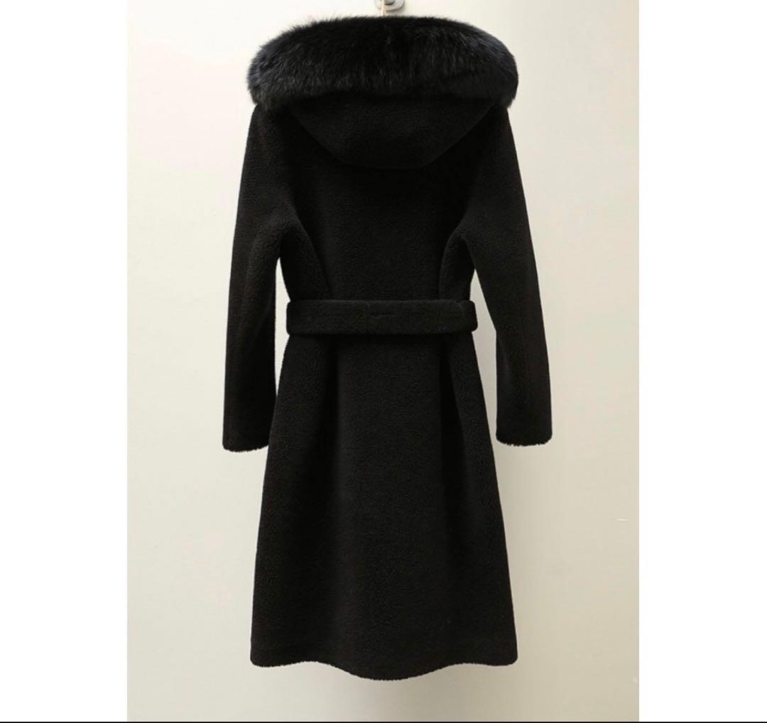 値下げ中　最高級フォックスファー襟付き羊毛ロングコート帽子付 黒毛皮ファー