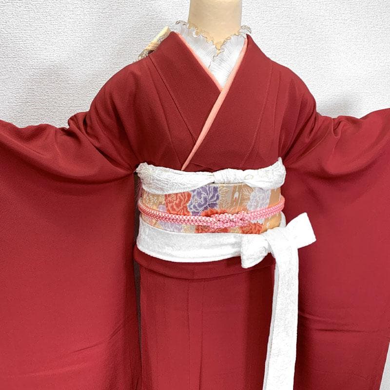 601z20〇色無地振袖 中振袖 一つ紋 赤 シンプル〇しつけ付美品 成人式