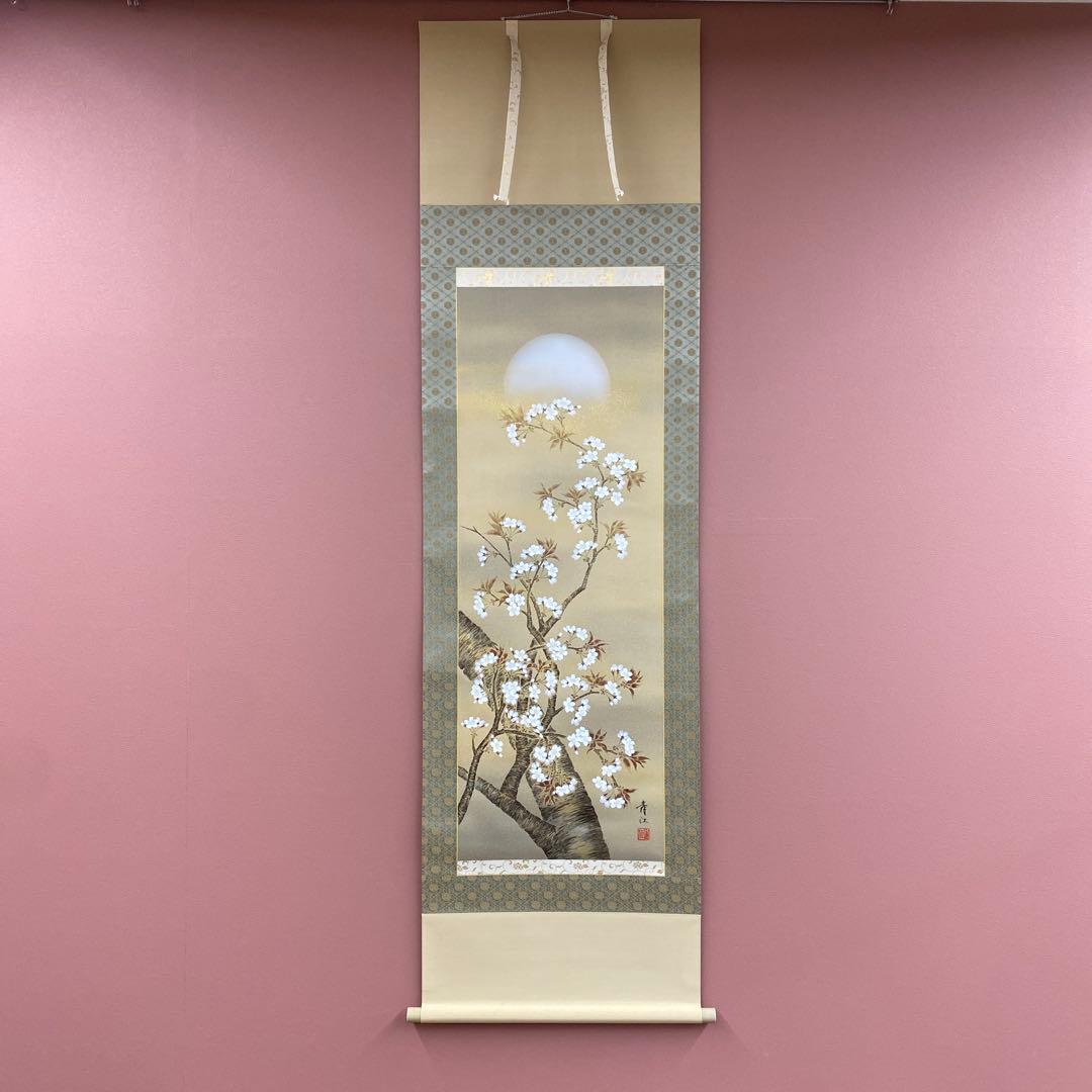 美品 掛け軸 柳沢寿江作 金地 春宵図 桜 共箱 太巻き 縁起物