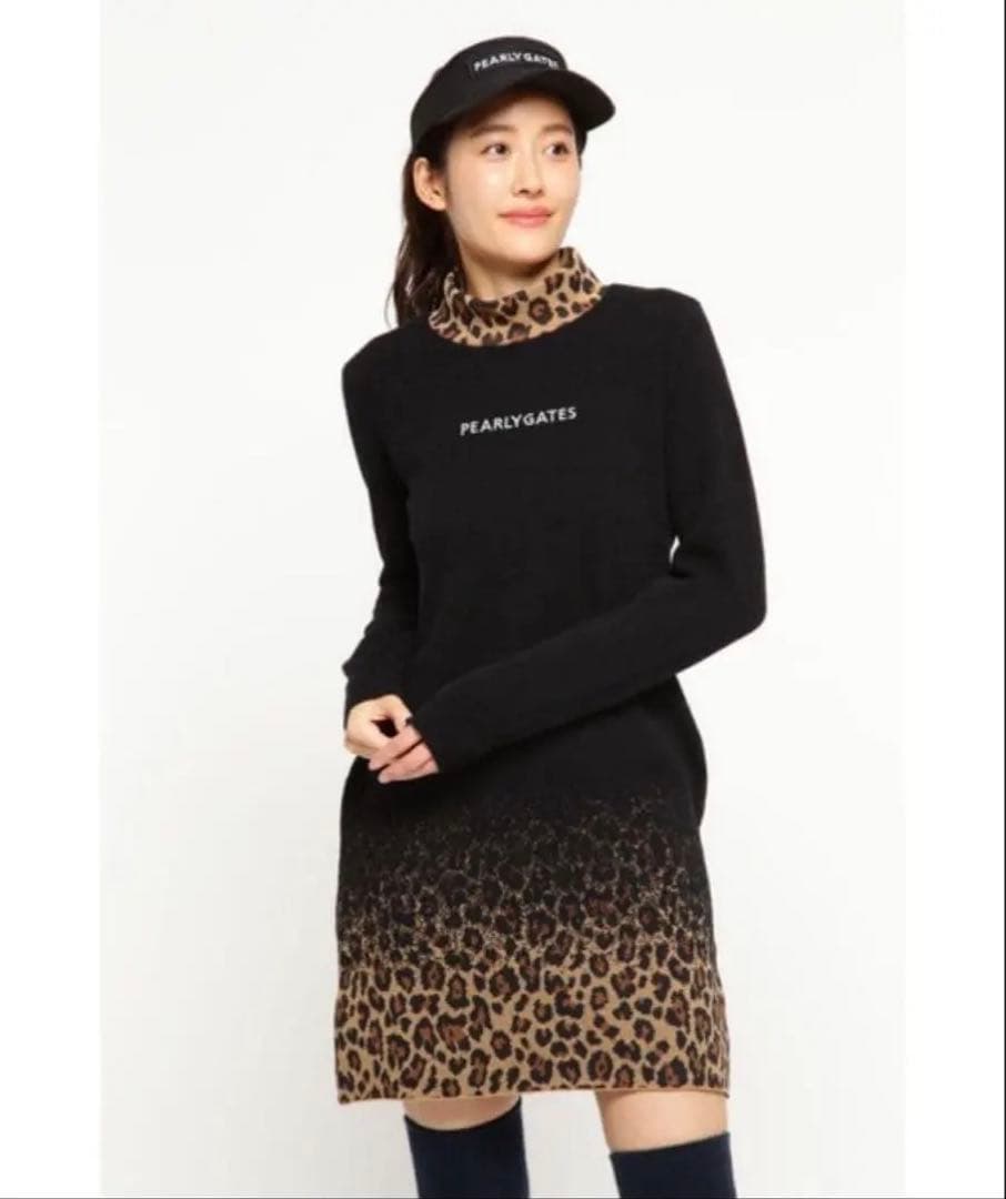 PEARLY GATESパーリーゲイツ ハイネックニットワンピース ヒョウ柄 0