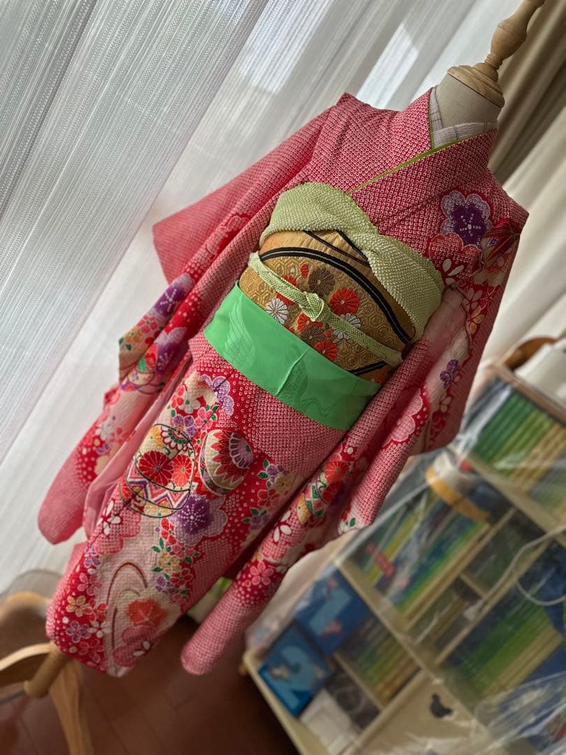 7歳七五三フルセット 赤×白×紫 絞り風花柄着物と立涌模様の帯