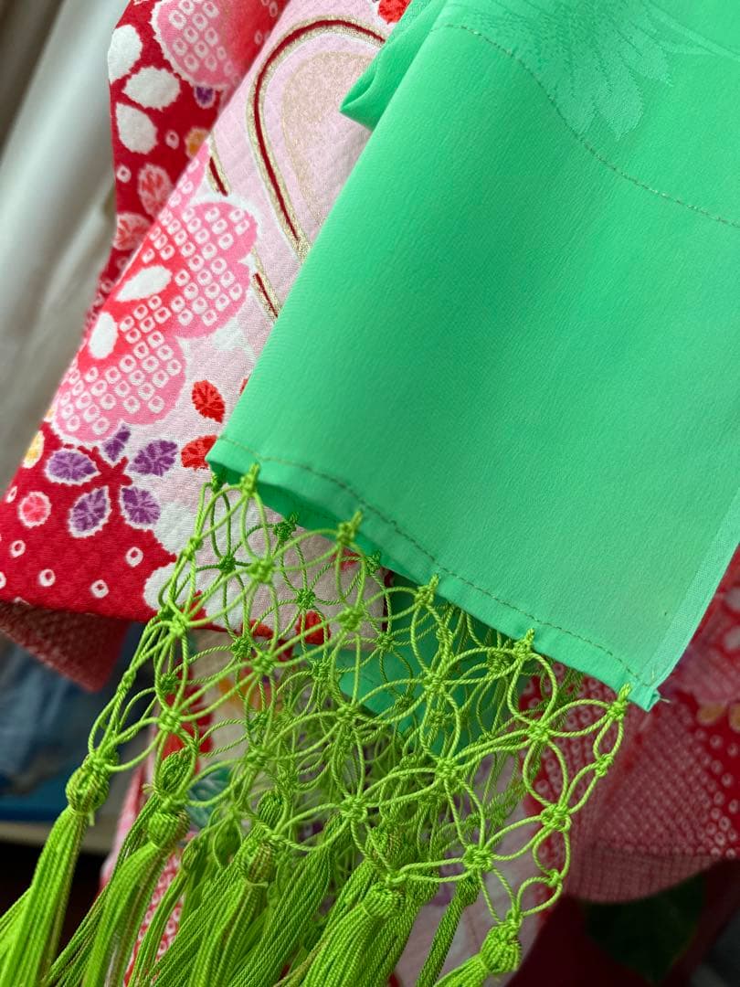 7歳七五三フルセット 赤×白×紫 絞り風花柄着物と立涌模様の帯