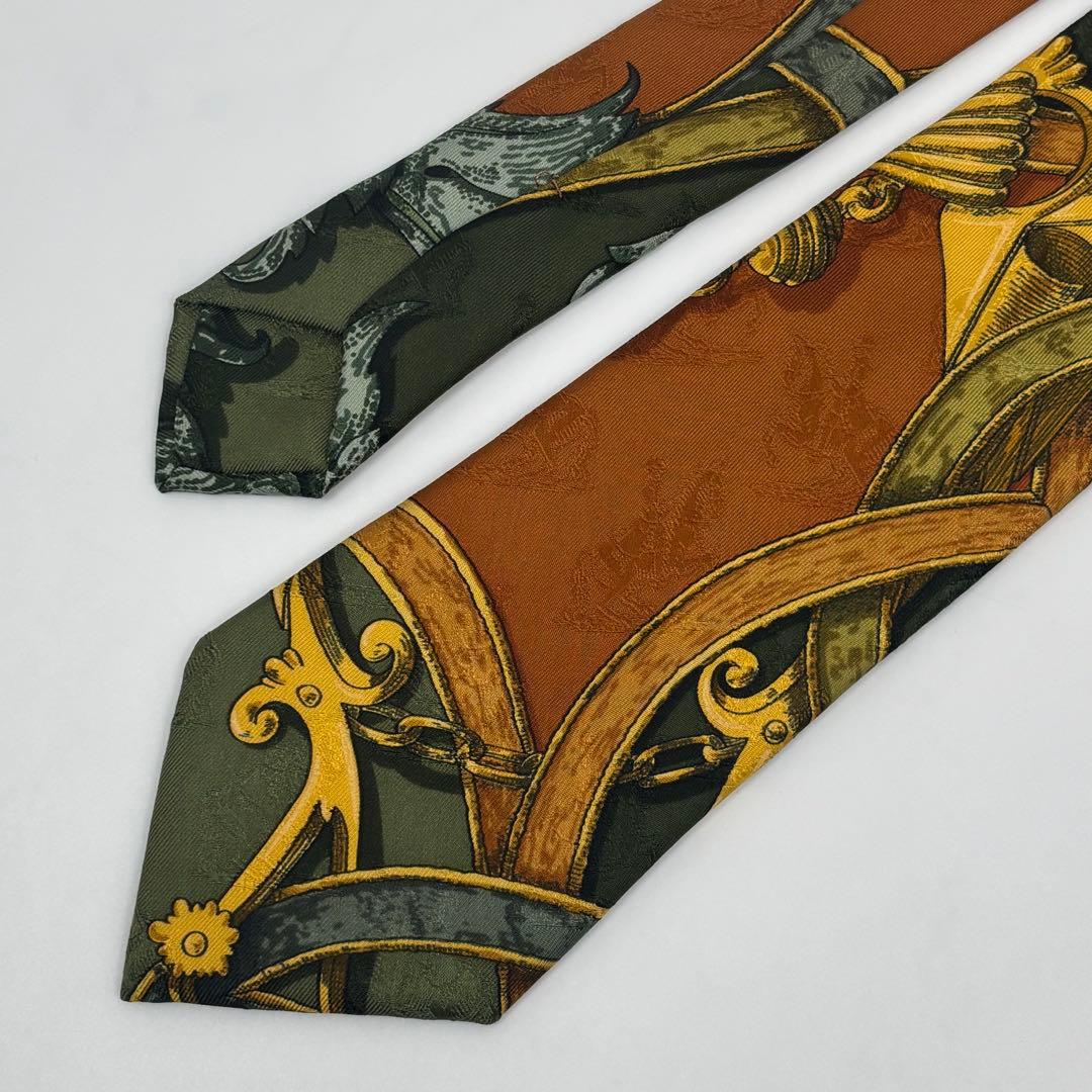 【極美品✨】 エルメス 馬車 刺繍 ネクタイ 総柄 グリーン シルク100%