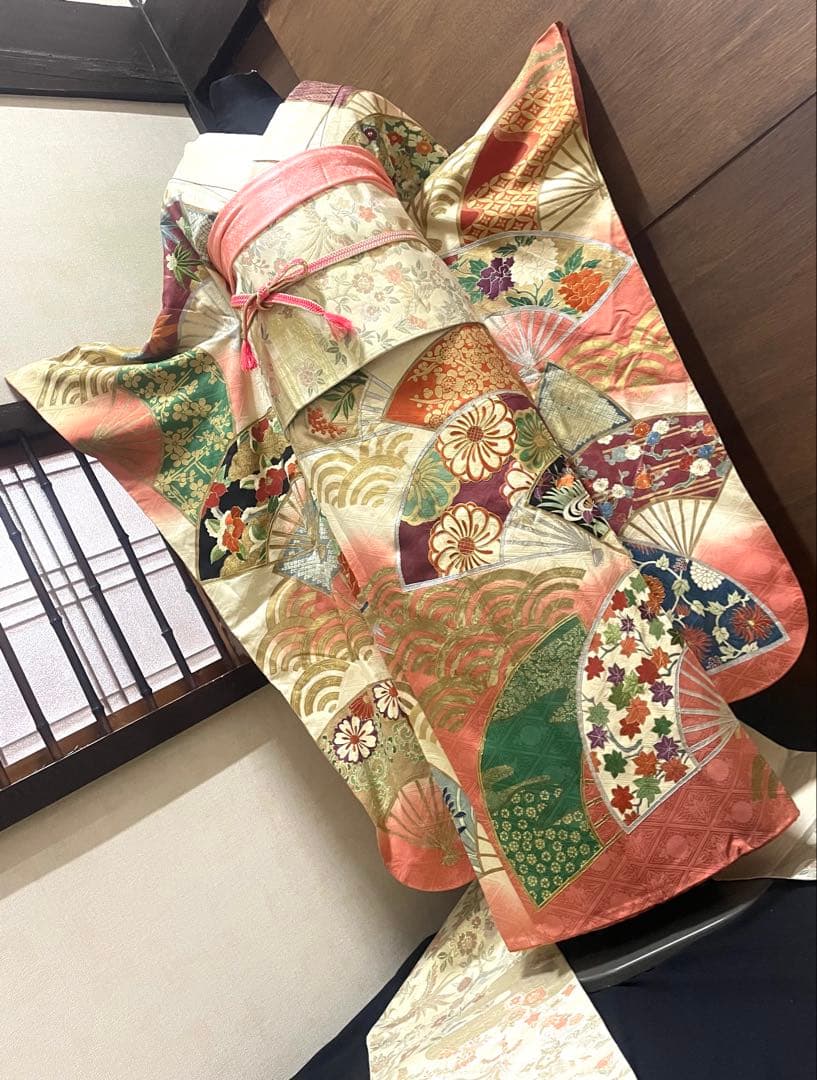 振袖フルセット6点サイズM〜Ｌ駒刺繍　扇面花文　暈し染め　金銀彩　金銀糸　正絹
