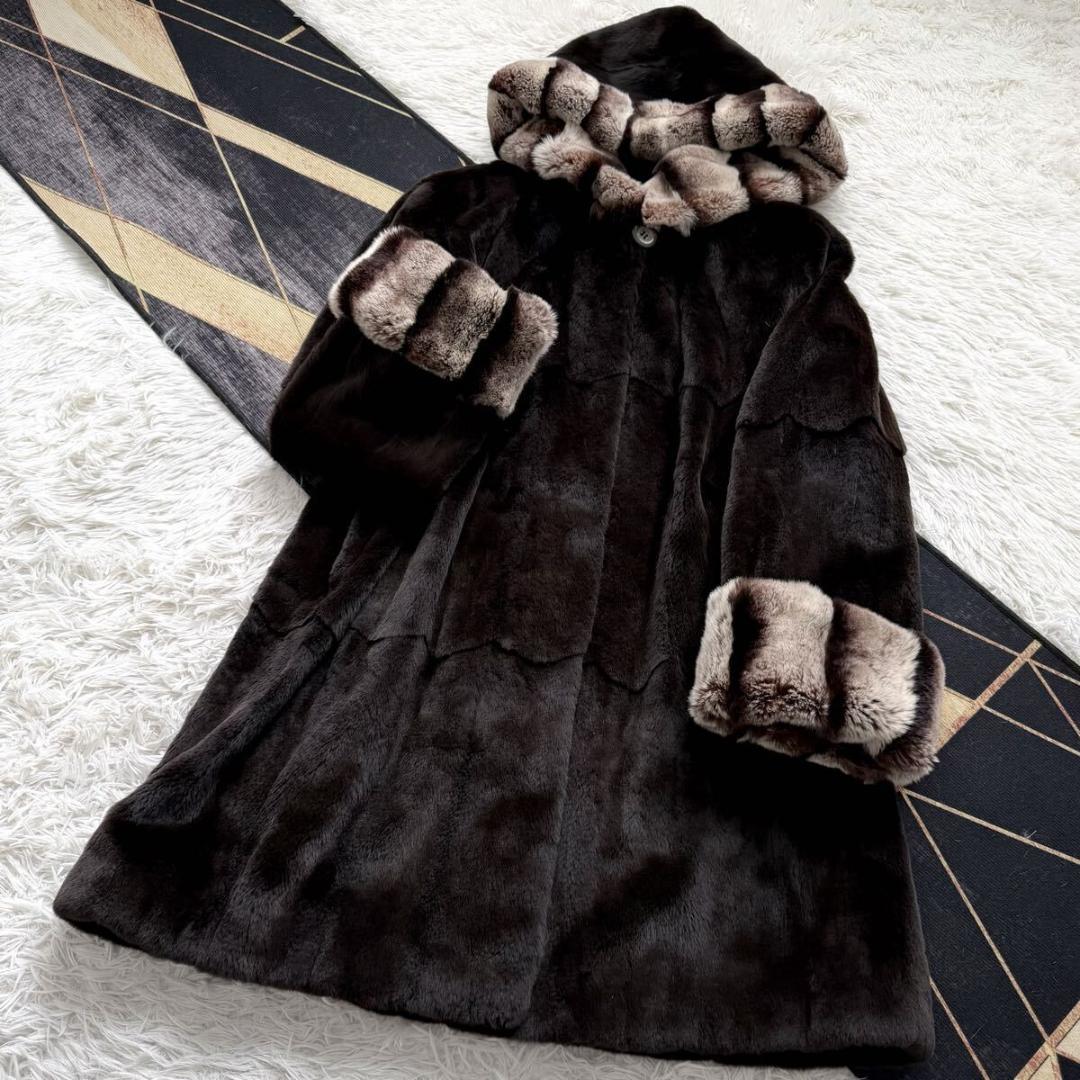 着丈89/激レアデザイン◎ ティアード/フード ロング ファーコート 毛皮 XL