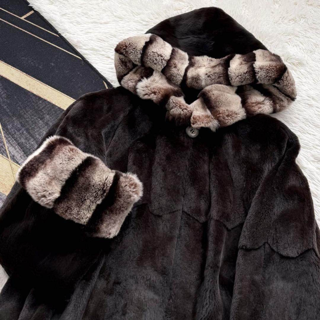 着丈89/激レアデザイン◎ ティアード/フード ロング ファーコート 毛皮 XL