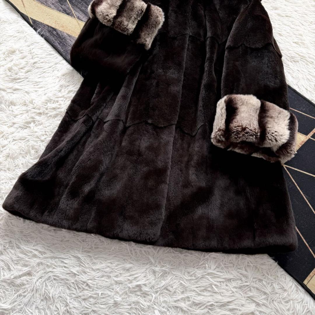 着丈89/激レアデザイン◎ ティアード/フード ロング ファーコート 毛皮 XL