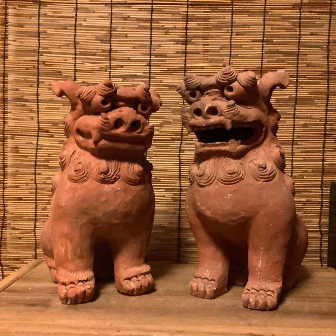 沖縄・名工「新垣榮用・壺屋焼シーサー」狛犬・榮用窯・荒焼・手ひねり・阿吽・銘刻印