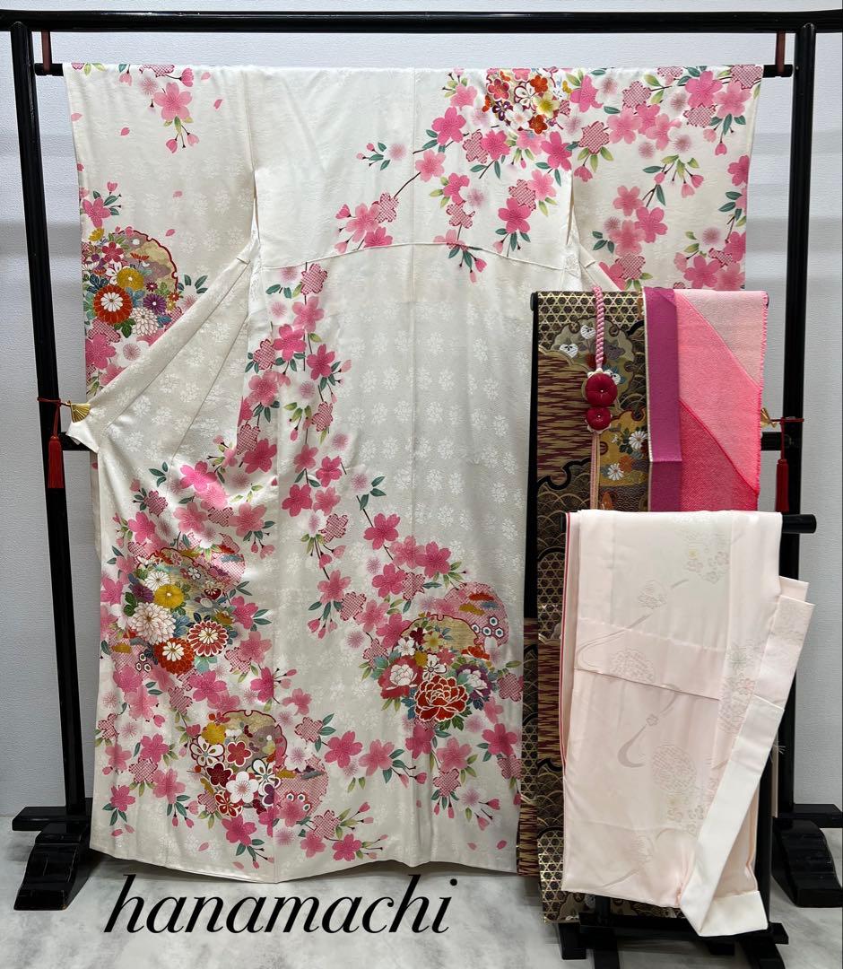 小柄な方　振り袖　フルセット　白　別誂長襦袢　成人式　金彩加工　刺繍入り　736