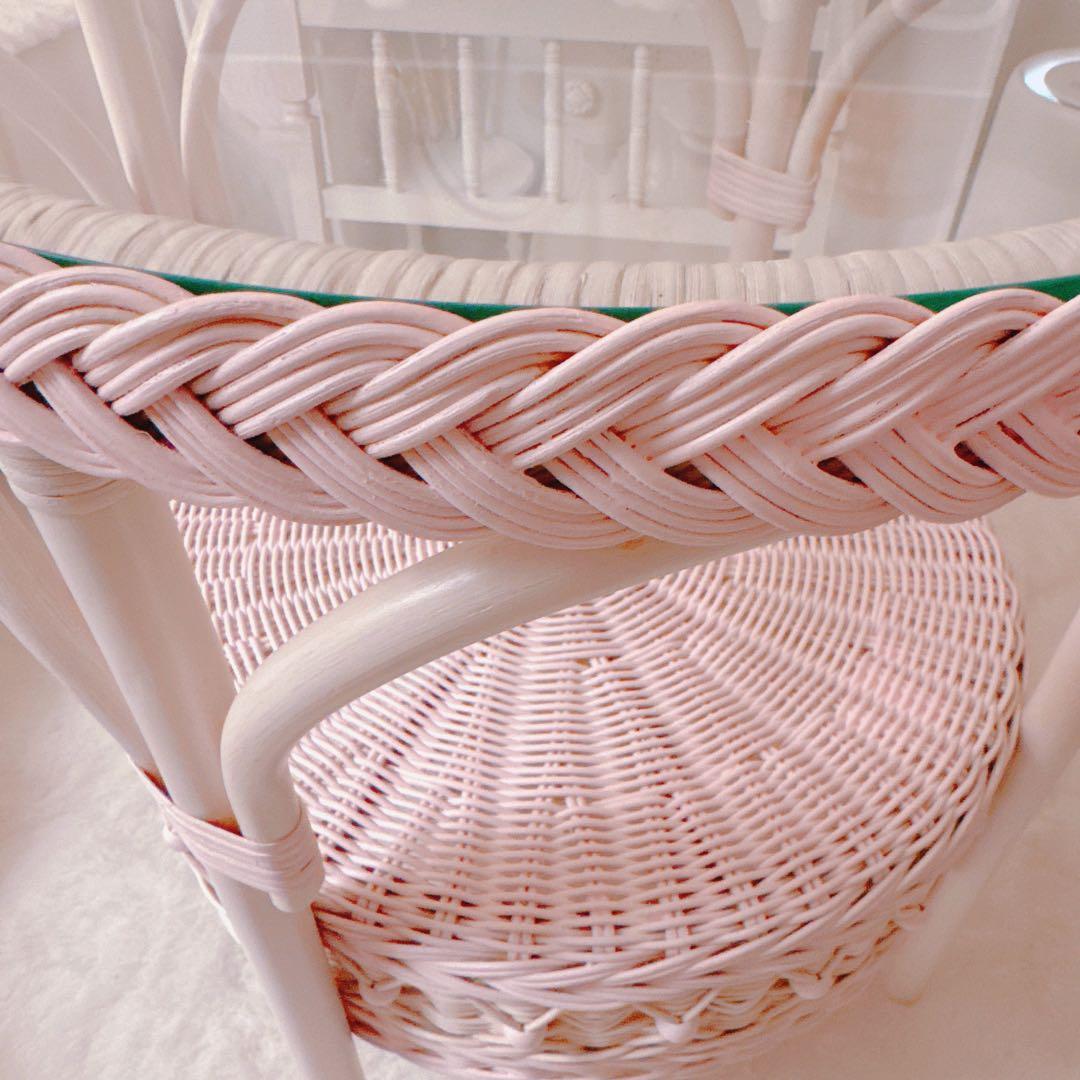 ガラステーブル ラウンド ベビーピンク ウィッカー ラタン