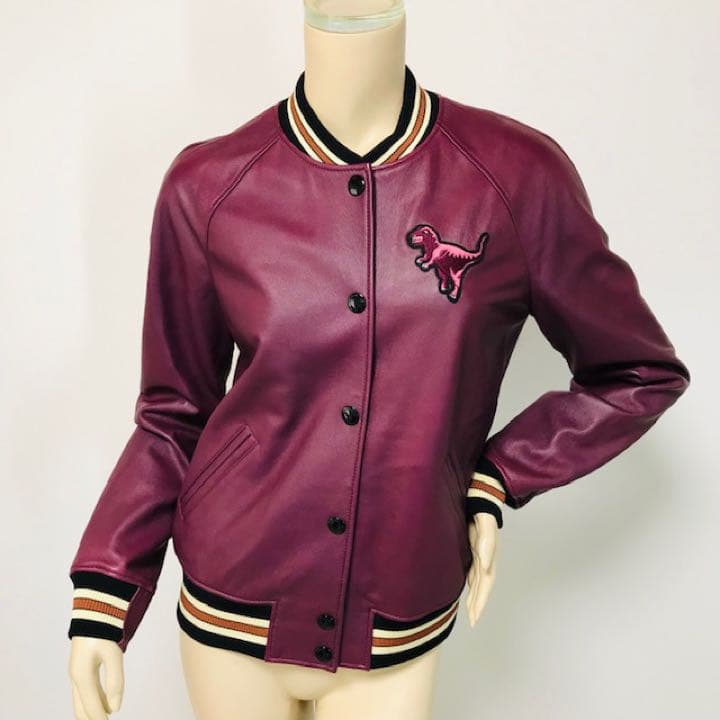 美品★COACH・ニットリブ切替 恐竜ワッペン付 レザージャケット(2)