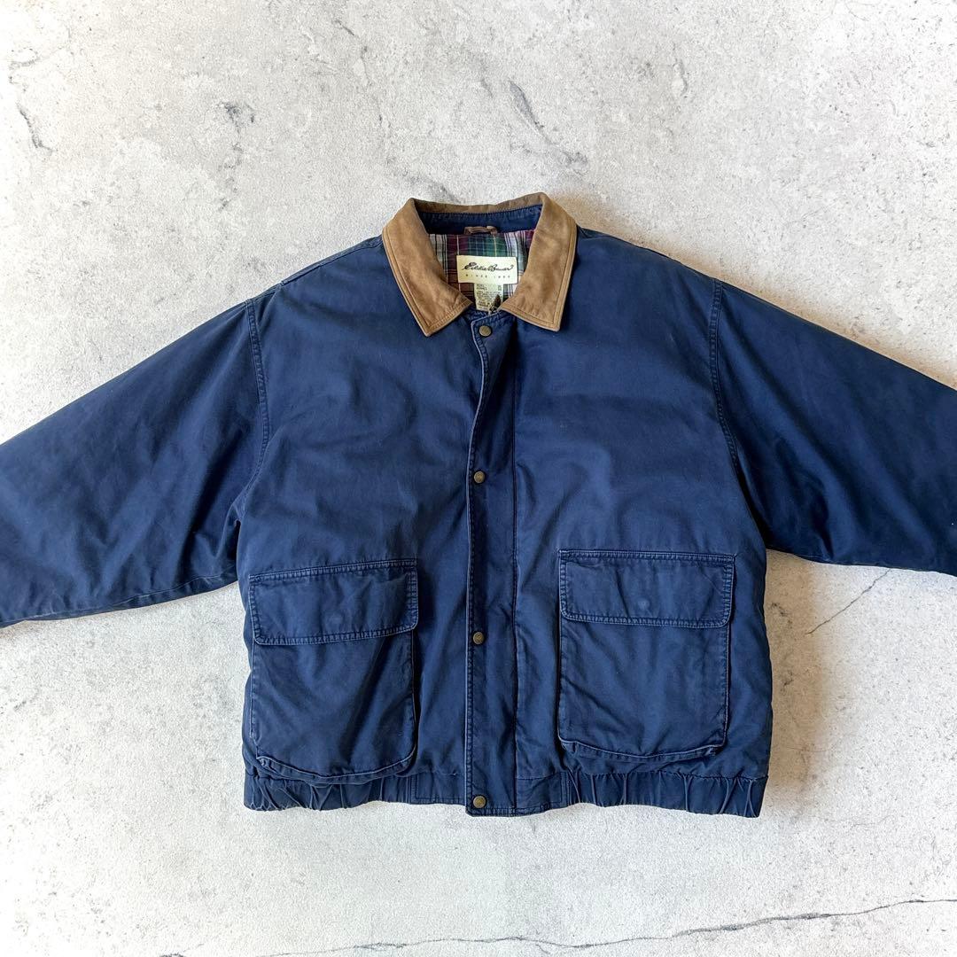 90s エディーバウアー XL 襟レザー 短丈フィールド ダウンジャケット 青_