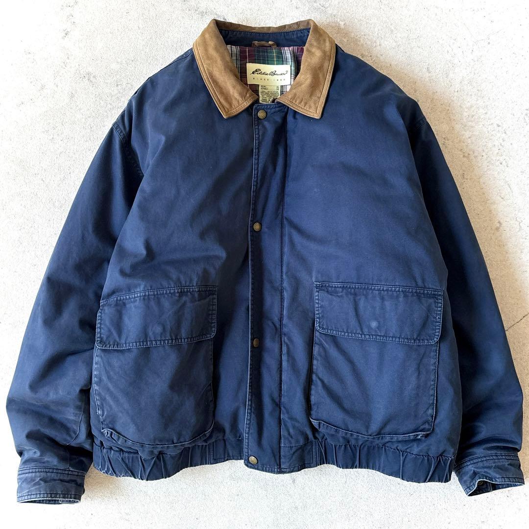 90s エディーバウアー XL 襟レザー 短丈フィールド ダウンジャケット 青_