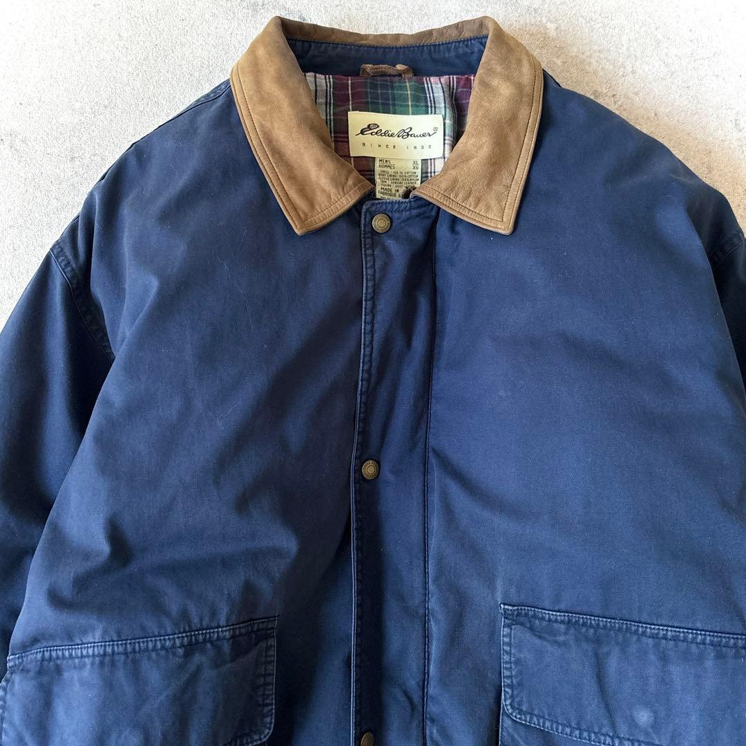 90s エディーバウアー XL 襟レザー 短丈フィールド ダウンジャケット 青_