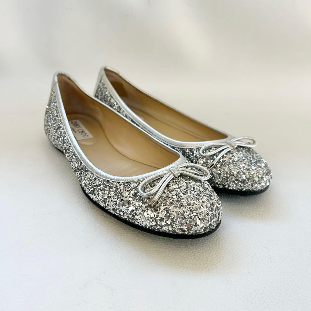 美品✨JIMMY CHOO グリッター フラットシューズ シルバー 37
