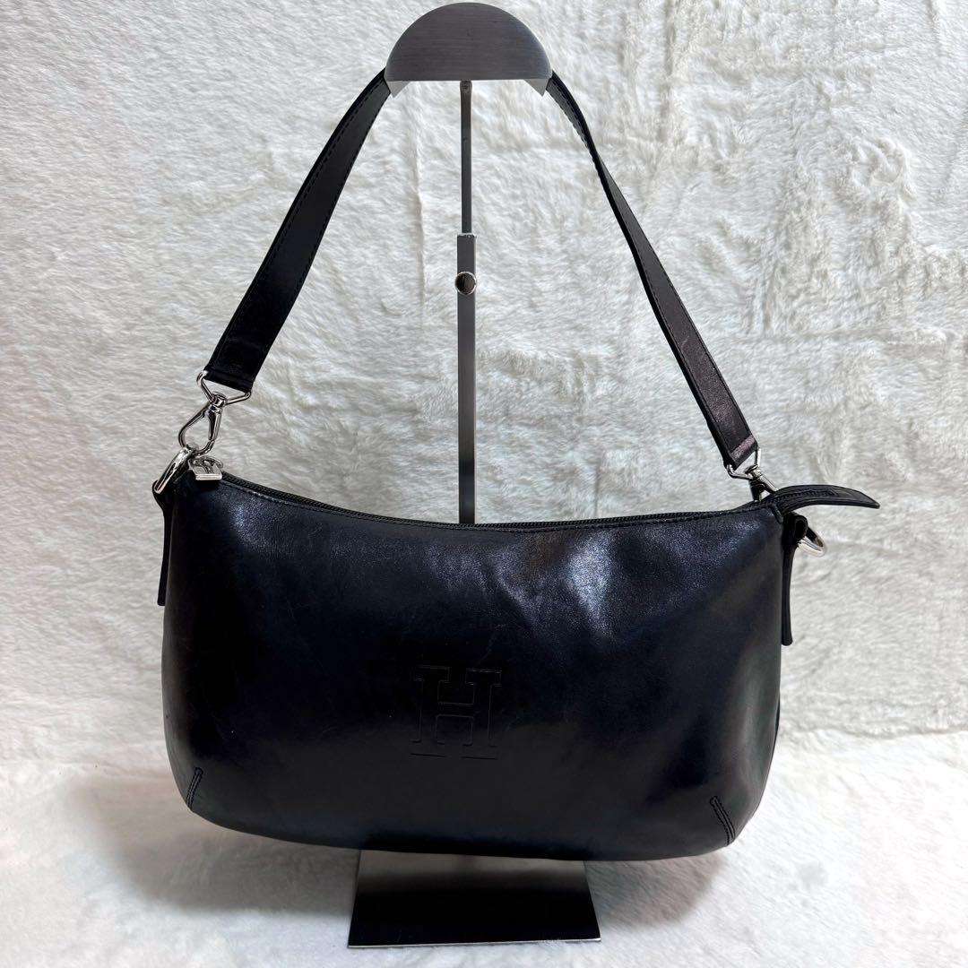 【美品】ヒロフ ワンショルダーバッグ Hロゴ レザー 2way 本革　ブラック