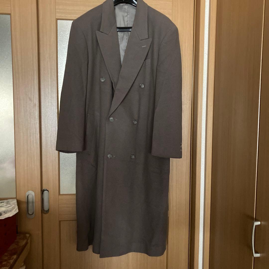 ウール ダブルブレスト ロングコート グレーブラウン