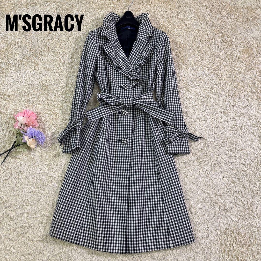 エムズグレイシー　ギンガムチェック　リボン　フリル　トレンチコート　40