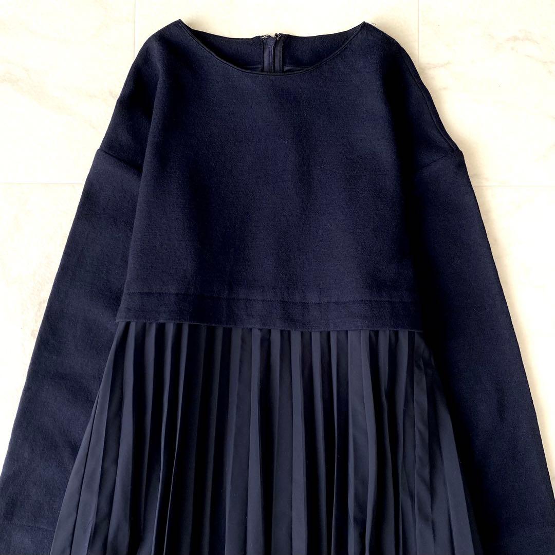 美品.定価3.2万☆ボールジィ ドッキングワンピース プリーツ 異素材 紺 36