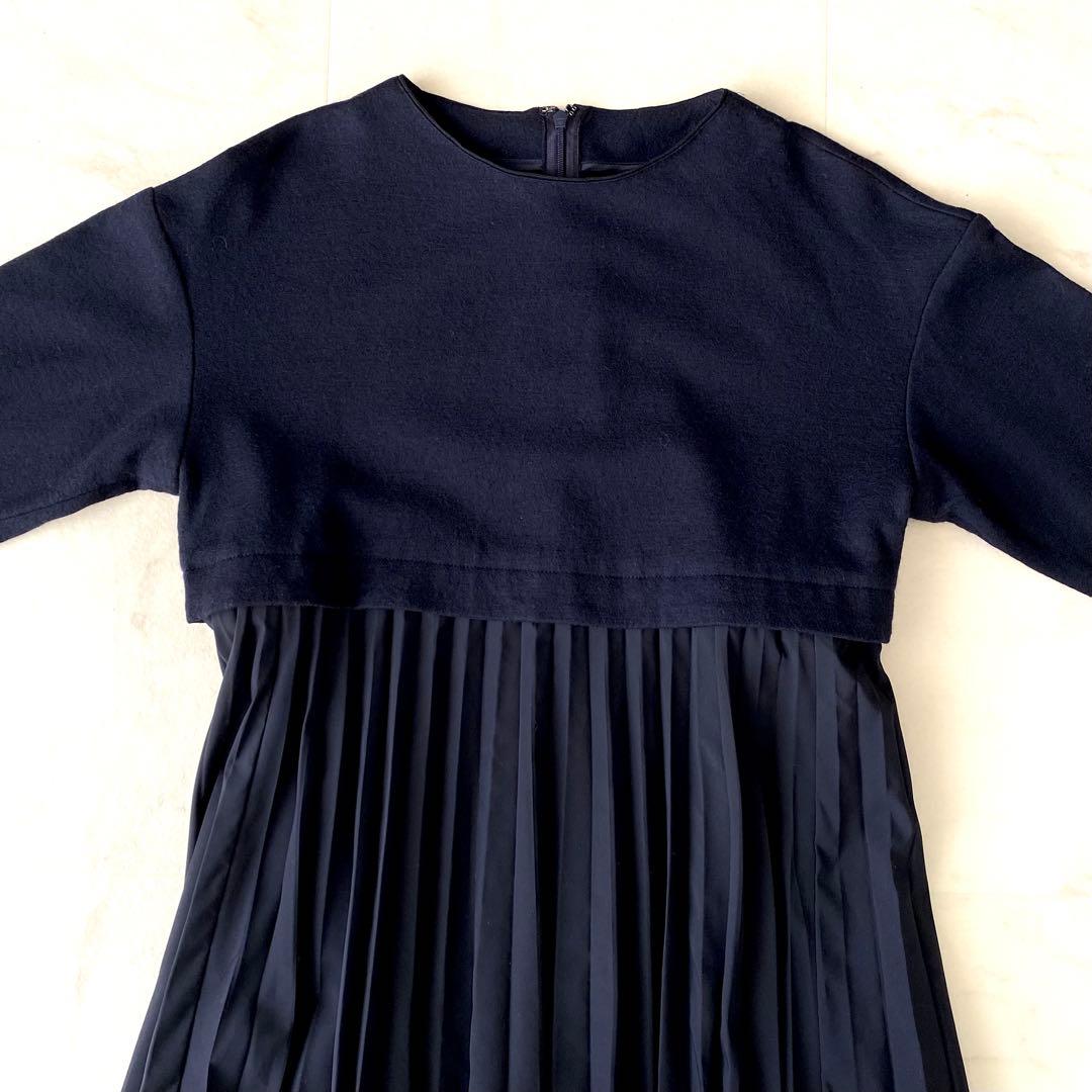美品.定価3.2万☆ボールジィ ドッキングワンピース プリーツ 異素材 紺 36
