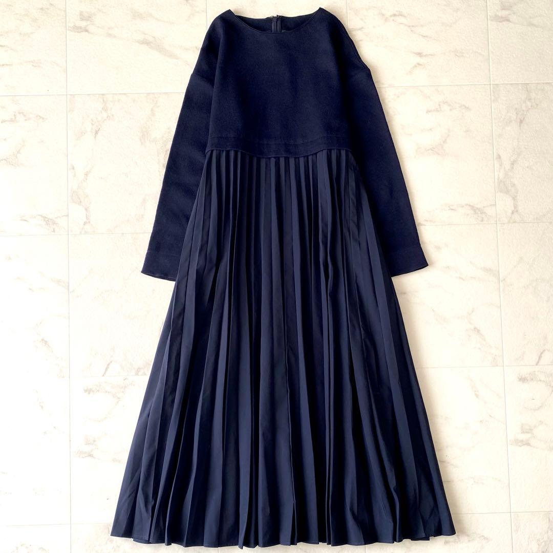 美品.定価3.2万☆ボールジィ ドッキングワンピース プリーツ 異素材 紺 36