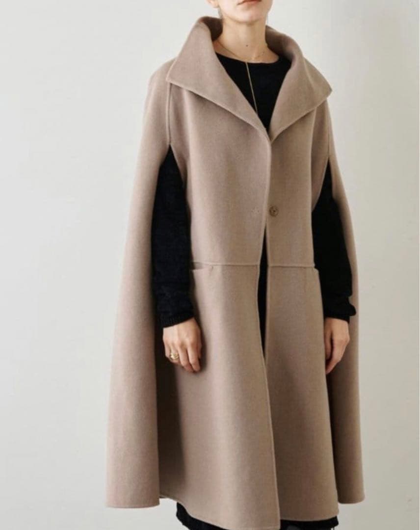 希少 ウィムガゼット カシミヤ100% リバーポンチョコート ロング グレージュ