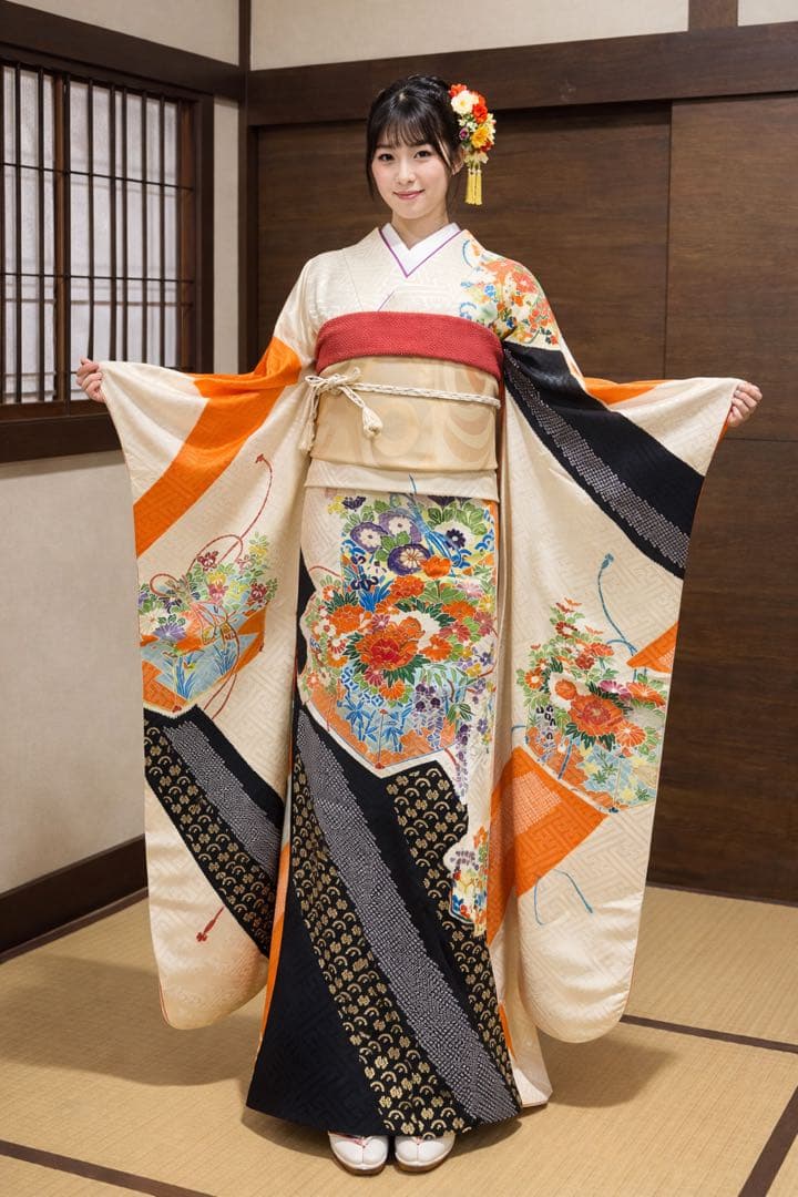 振袖 フルセット6点サイズＬ豪華振袖　駒刺繍　文箱花文　金彩　正絹