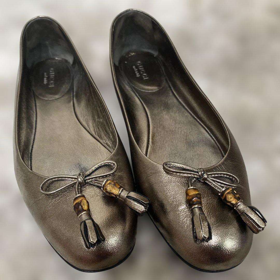 グッチ 36 リボンバレエシューズ ゴールド ブロンズ