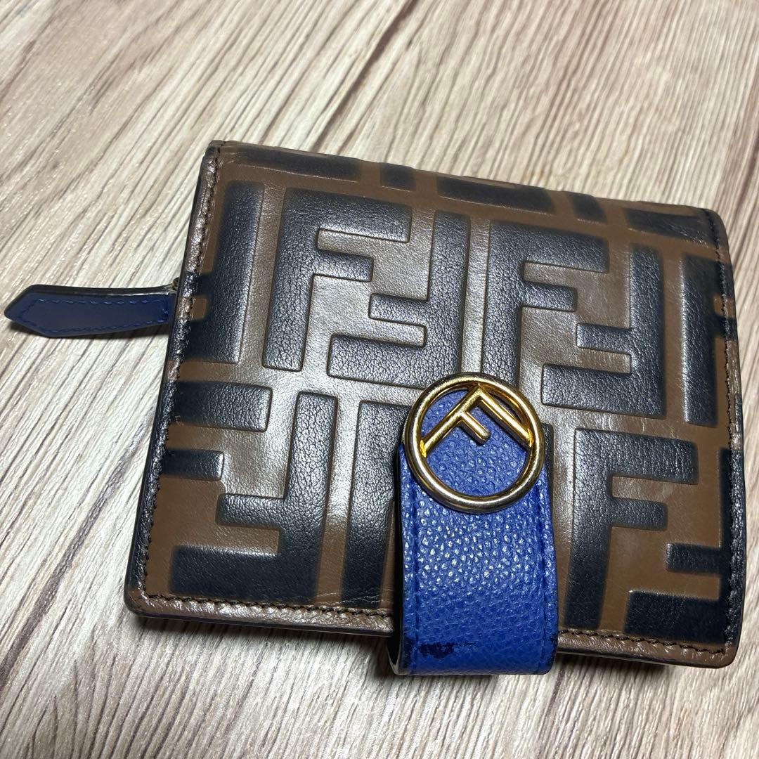 Fendi フェンディ　二つ折り財布 FFロゴ　ブラウン×ブルー　ゴールド金具