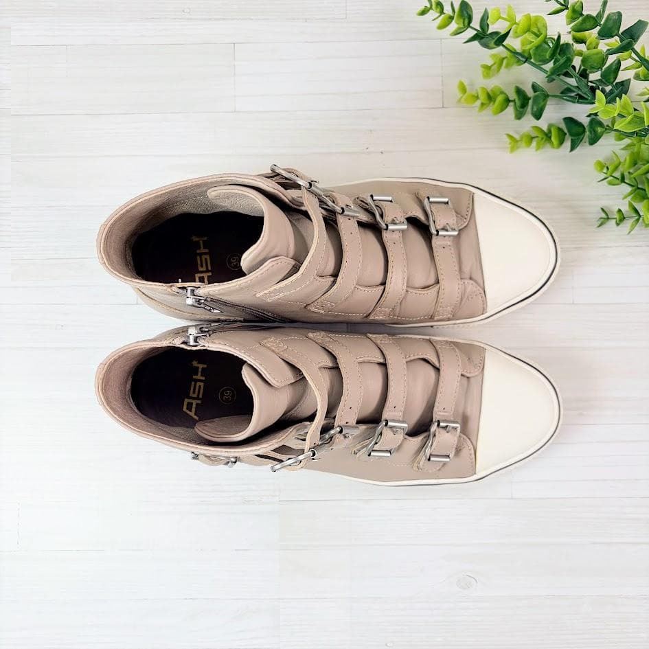 アッシュ VIRGIN ベルト ハイカット スニーカー グレージュ 本革