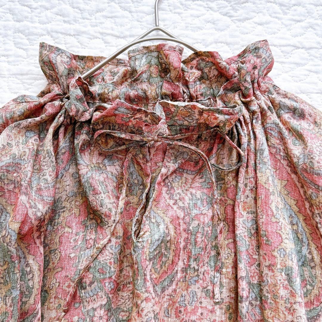 イチ ichi リネン100 ワンピース ペイズリー柄 フリル リボン ゆったり