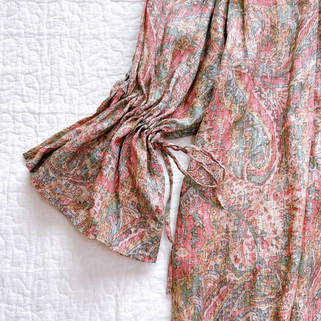 イチ ichi リネン100 ワンピース ペイズリー柄 フリル リボン ゆったり