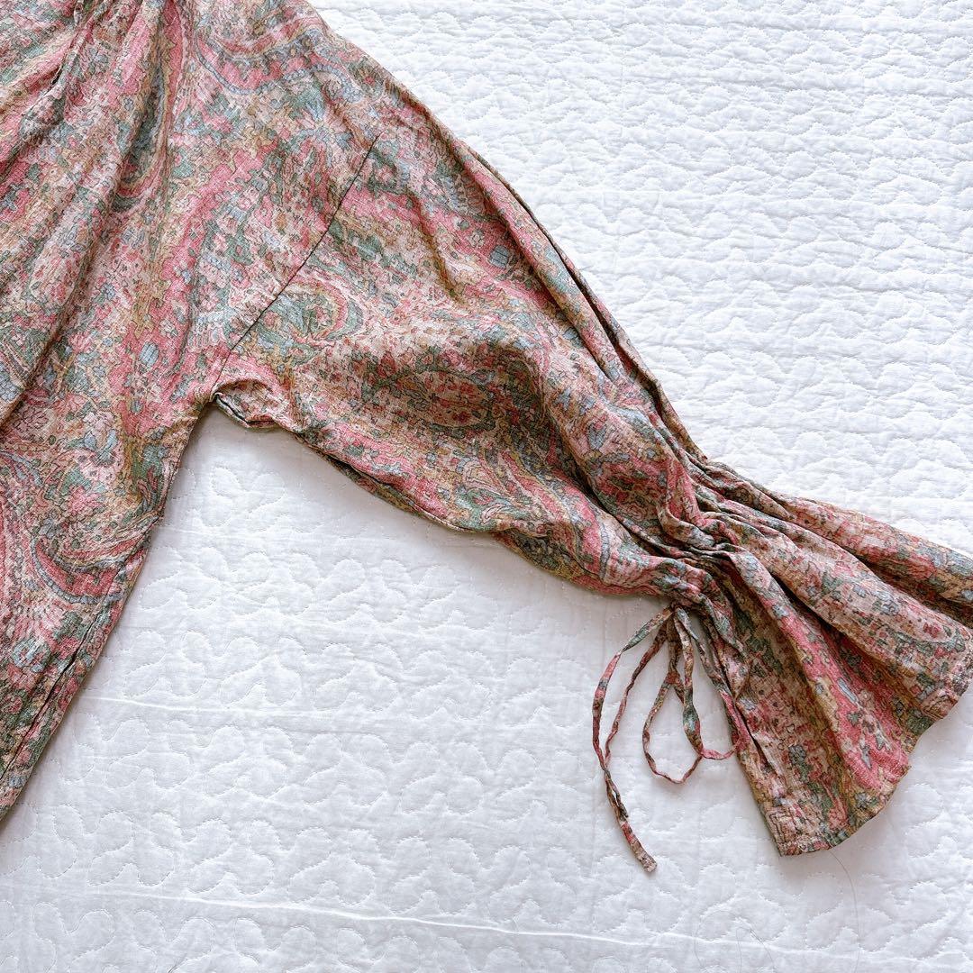 イチ ichi リネン100 ワンピース ペイズリー柄 フリル リボン ゆったり