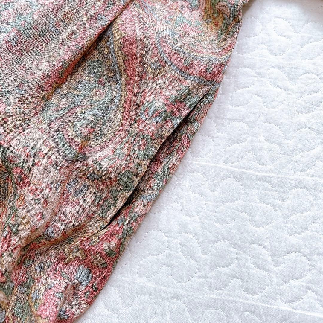 イチ ichi リネン100 ワンピース ペイズリー柄 フリル リボン ゆったり