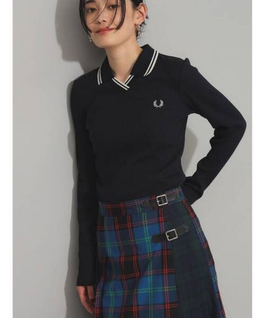 FRED PERRY 長袖 ネイビー ストレッチリブポロシャツ