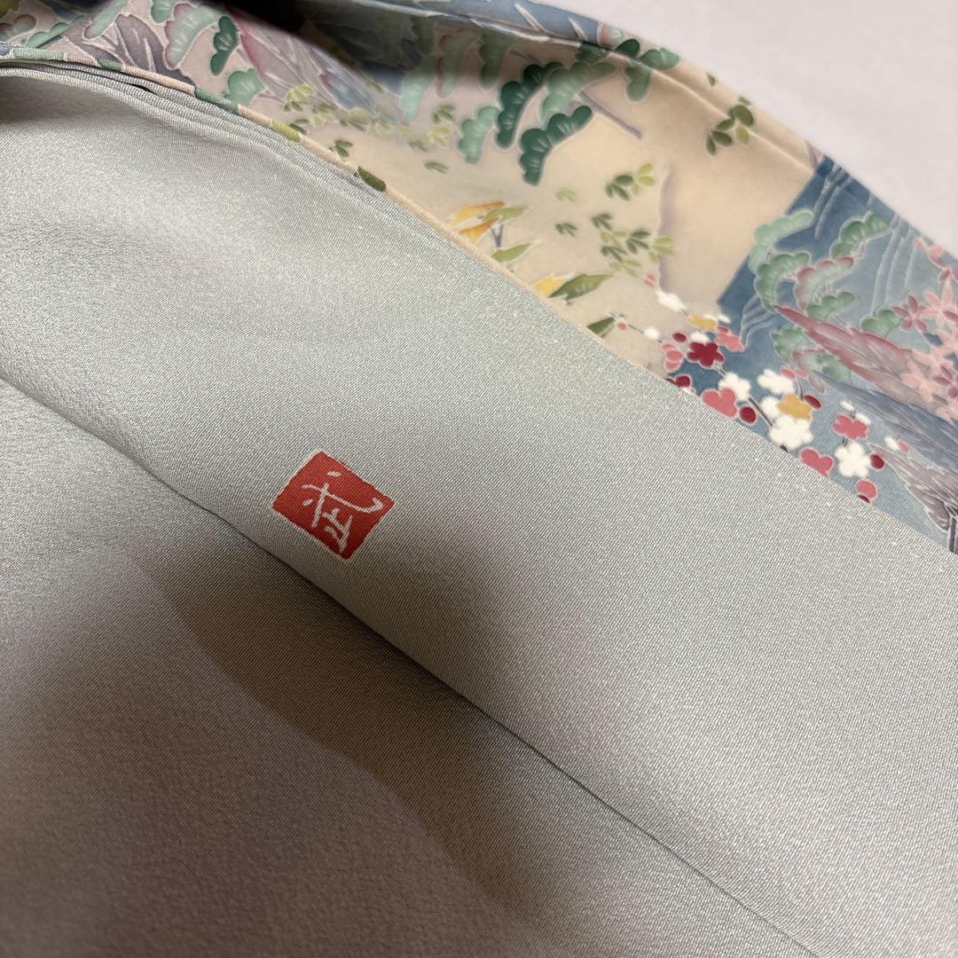 加賀調　手描き友禅訪問着　 落款　【武】ライトグレー草花文様 4点セット　裄長