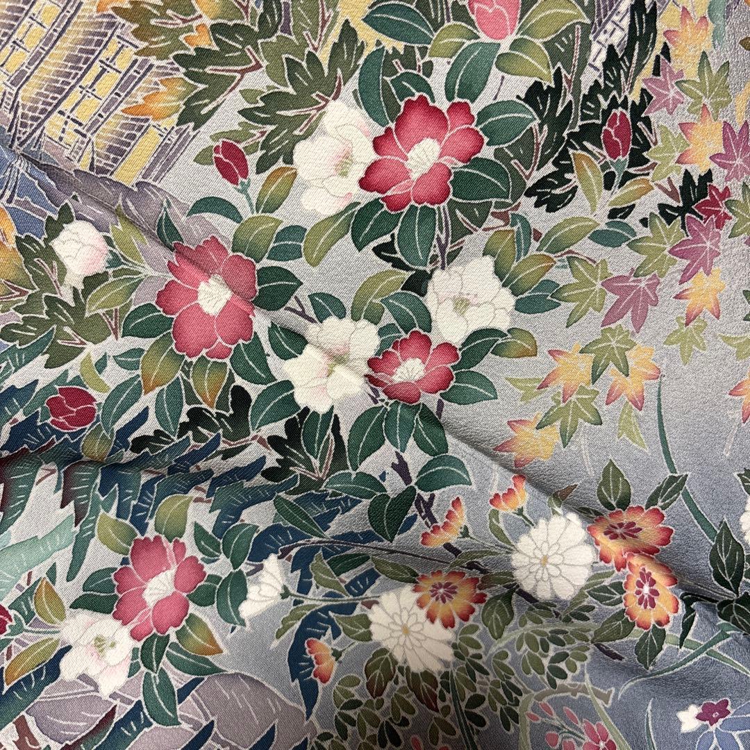 加賀調　手描き友禅訪問着　 落款　【武】ライトグレー草花文様 4点セット　裄長