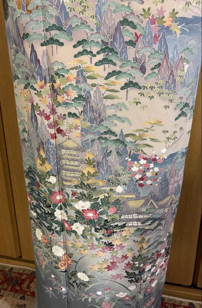 加賀調　手描き友禅訪問着　 落款　【武】ライトグレー草花文様 4点セット　裄長