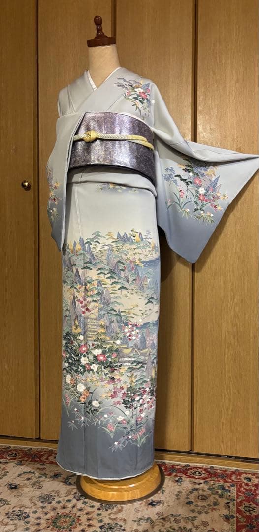 加賀調　手描き友禅訪問着　 落款　【武】ライトグレー草花文様 4点セット　裄長