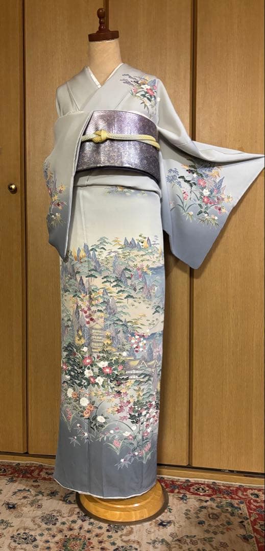 加賀調　手描き友禅訪問着　 落款　【武】ライトグレー草花文様 4点セット　裄長