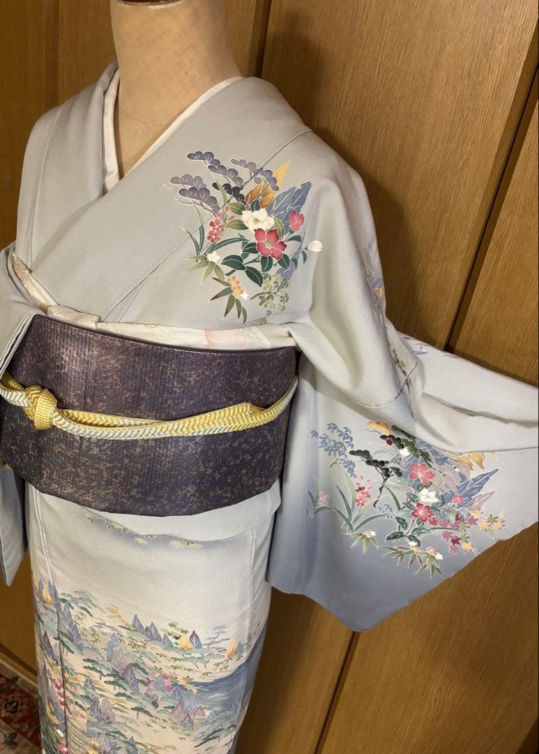 加賀調　手描き友禅訪問着　 落款　【武】ライトグレー草花文様 4点セット　裄長