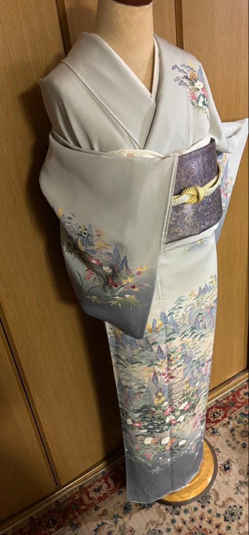 加賀調　手描き友禅訪問着　 落款　【武】ライトグレー草花文様 4点セット　裄長