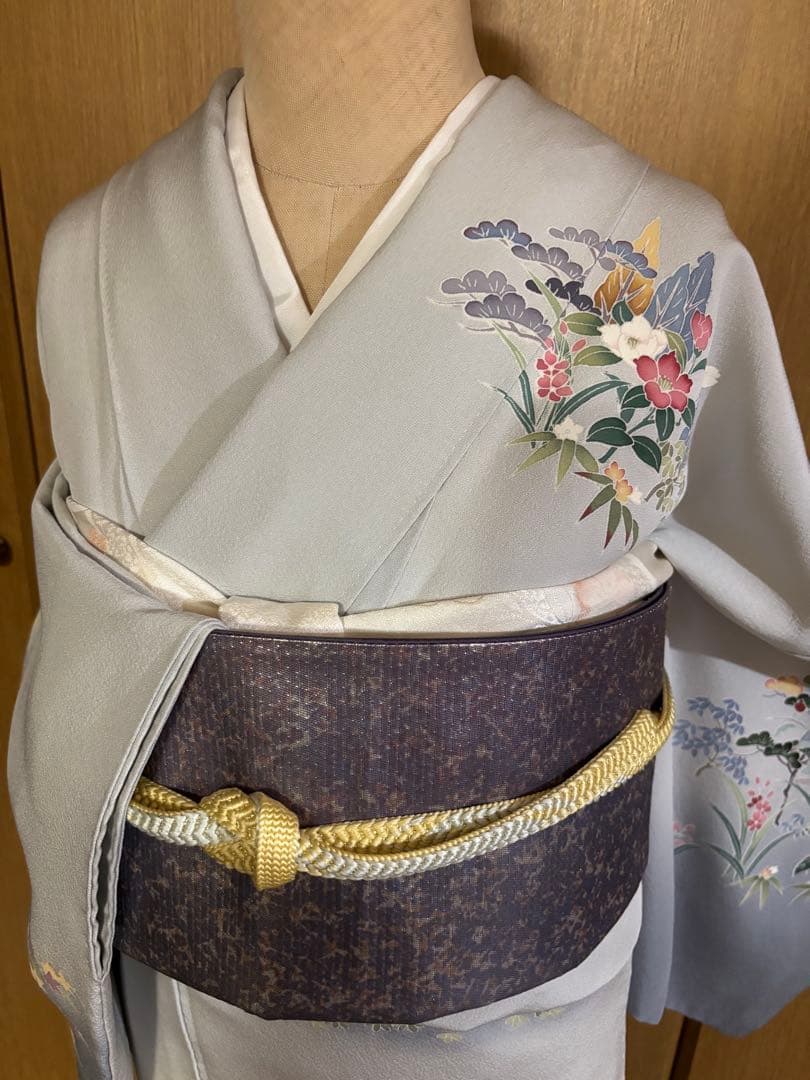 加賀調　手描き友禅訪問着　 落款　【武】ライトグレー草花文様 4点セット　裄長