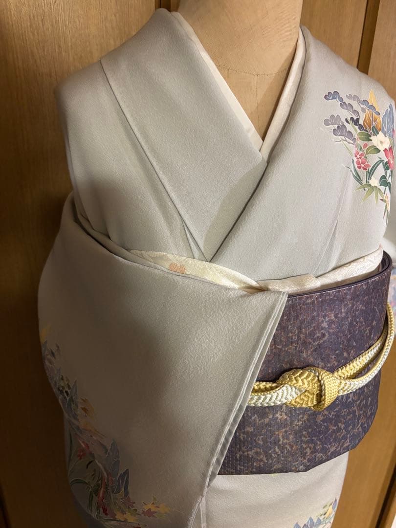 加賀調　手描き友禅訪問着　 落款　【武】ライトグレー草花文様 4点セット　裄長